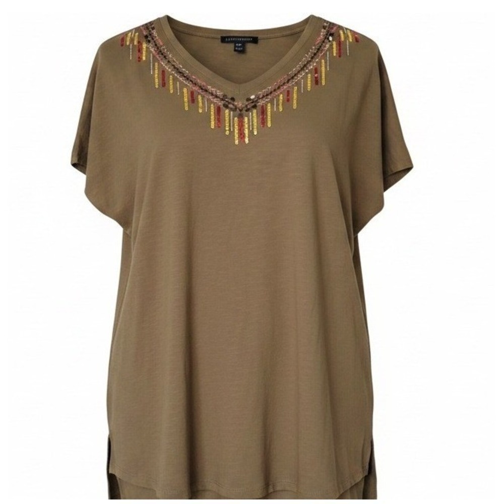 Lane Bryant Casual Embellished Olive Green Short Sleeve Tee 14/16